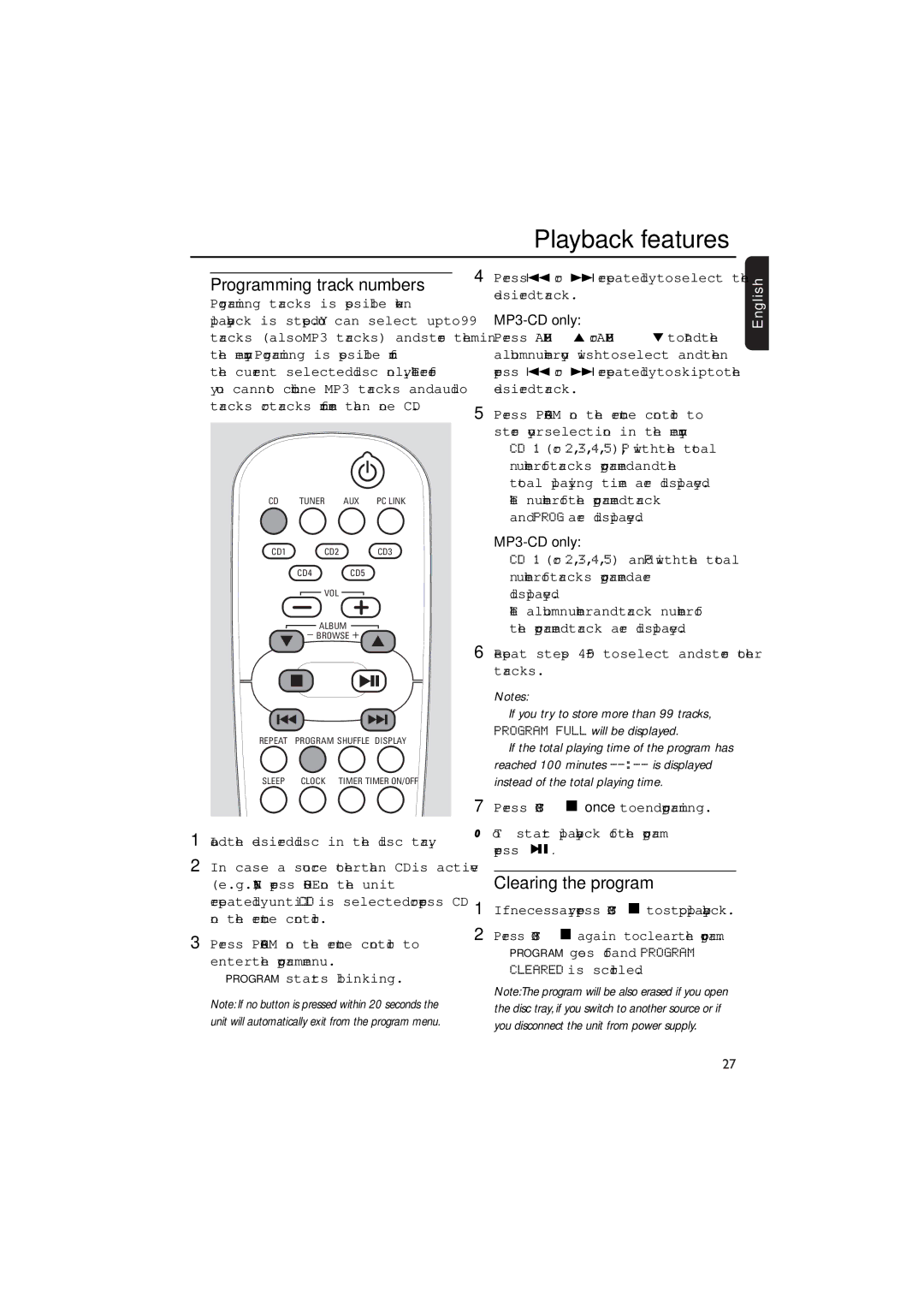 Philips MCW770 manual Programming track numbers, Clearing the program 