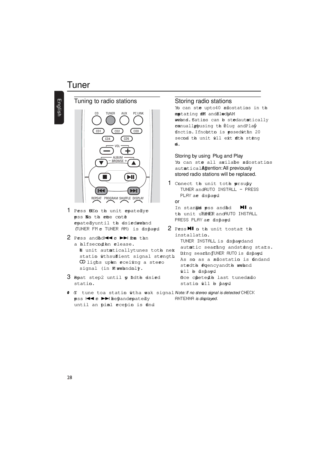 Philips MCW770 manual Tuner, Tuning to radio stations, Storing radio stations, Storing by using Plug and Play 