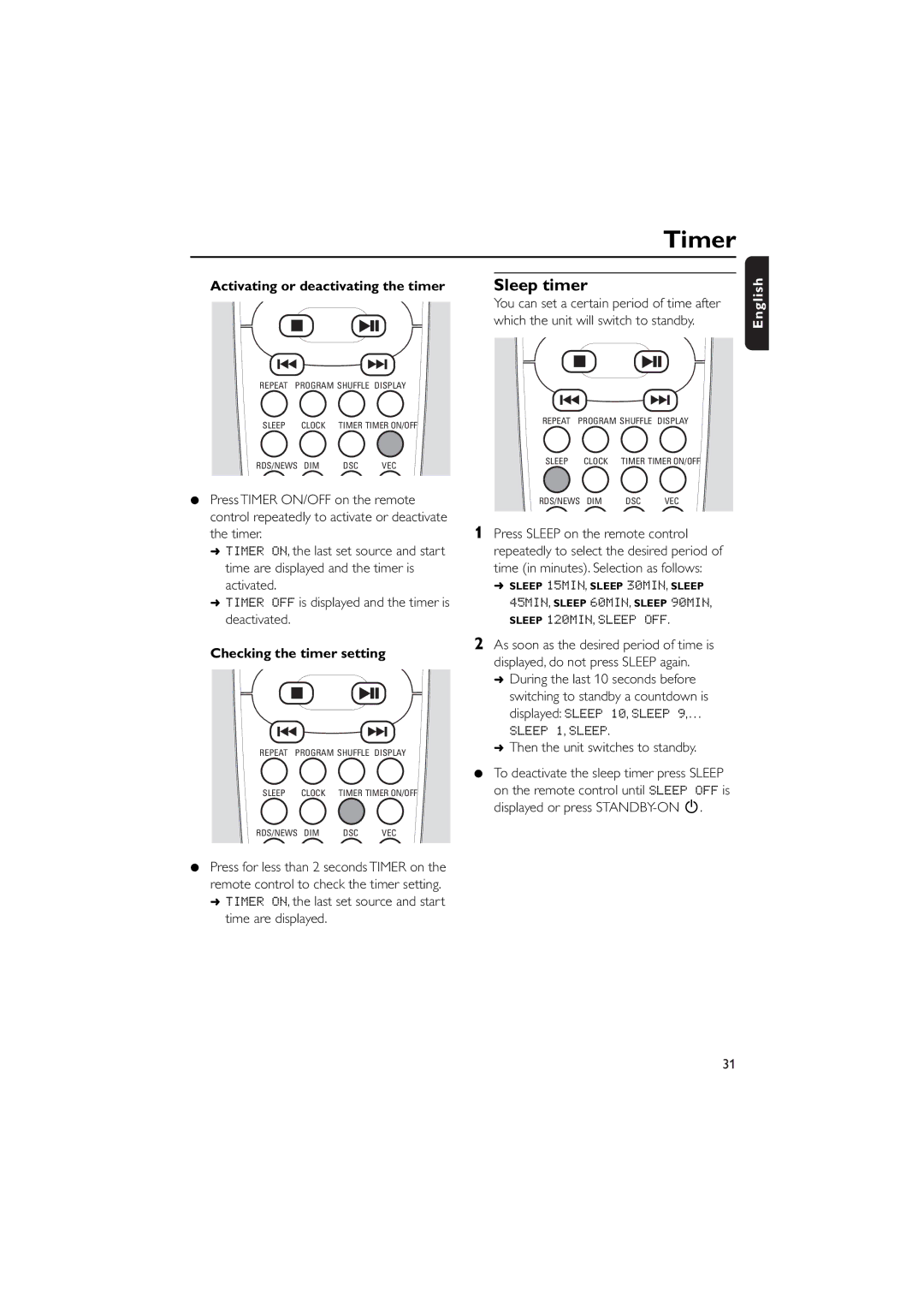 Philips MCW770 manual Sleep timer, Activating or deactivating the timer, Checking the timer setting 