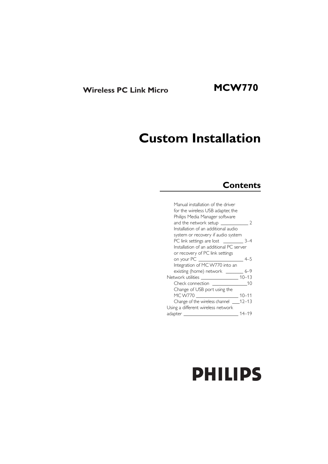 Philips manual Contents, MCW770M, Wireless PC Link Micro, Custom Installation 