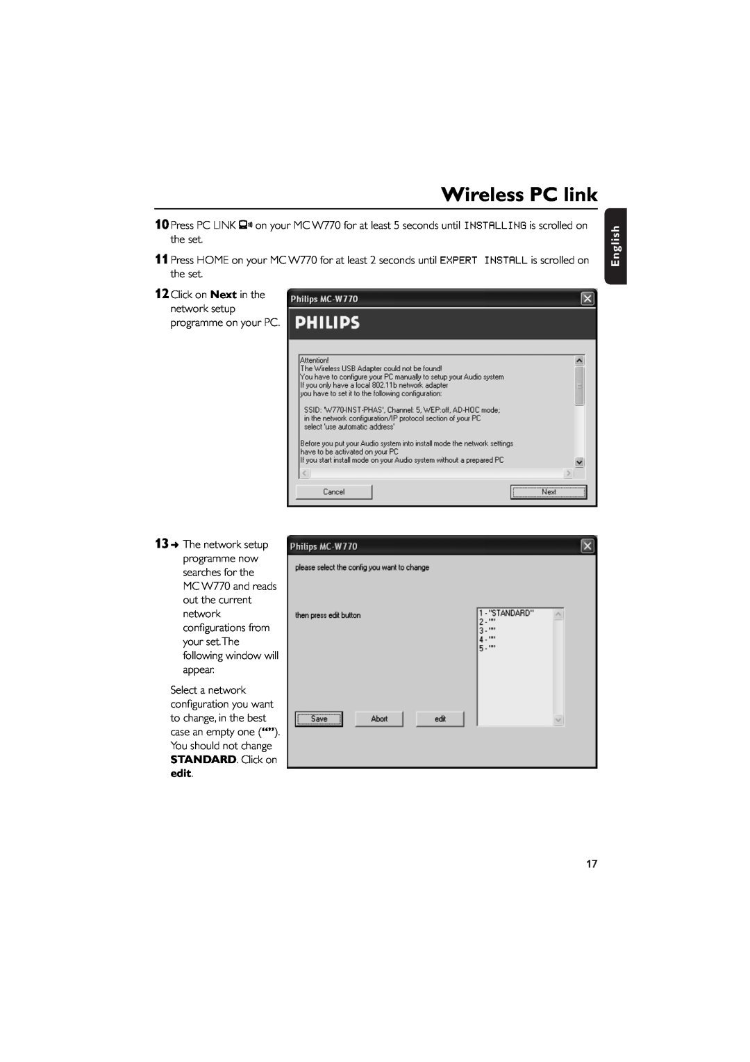 Philips MCW770 manual Wireless PC link, edit, English 