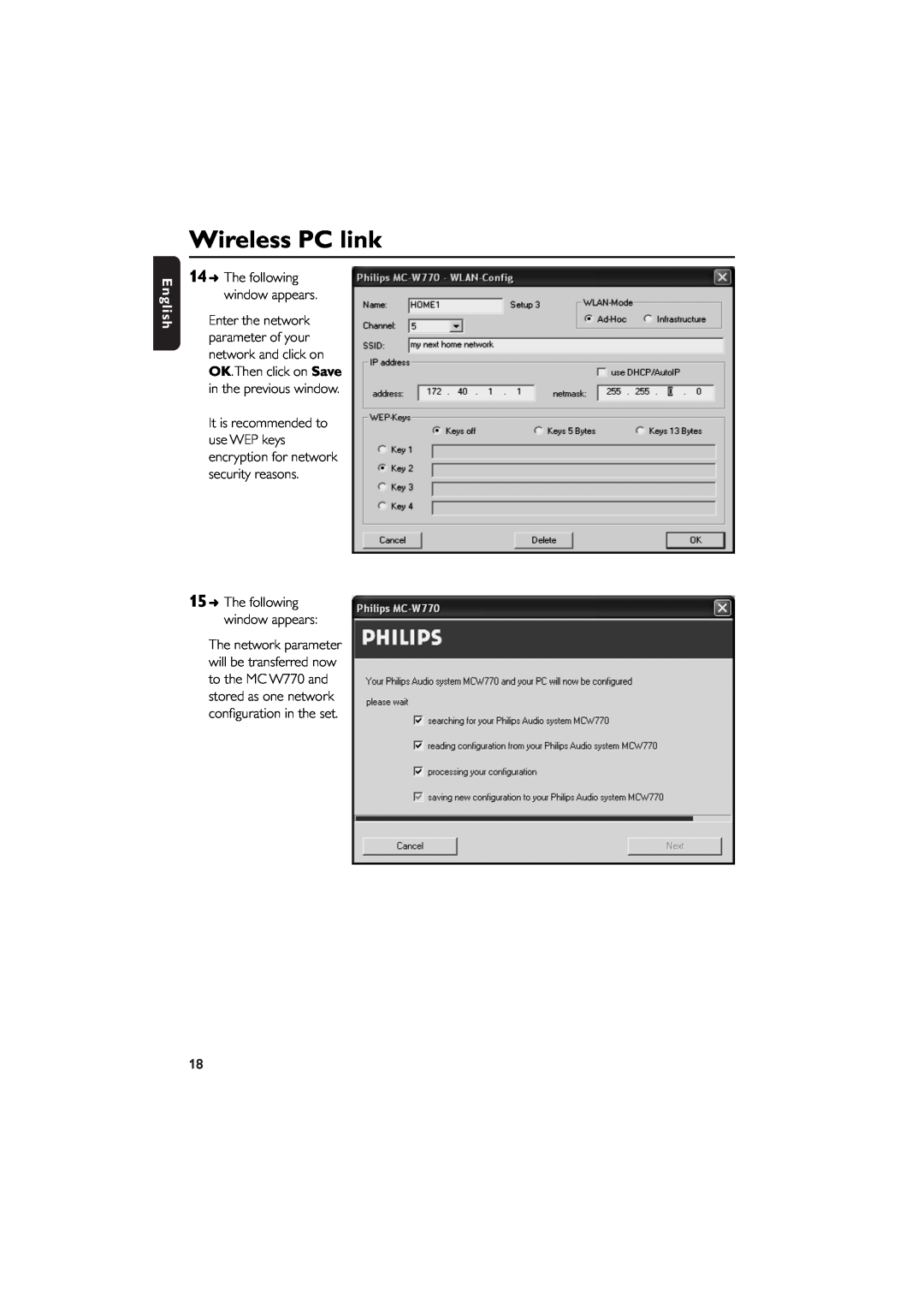 Philips MCW770 manual Wireless PC link, English, The following window appears 
