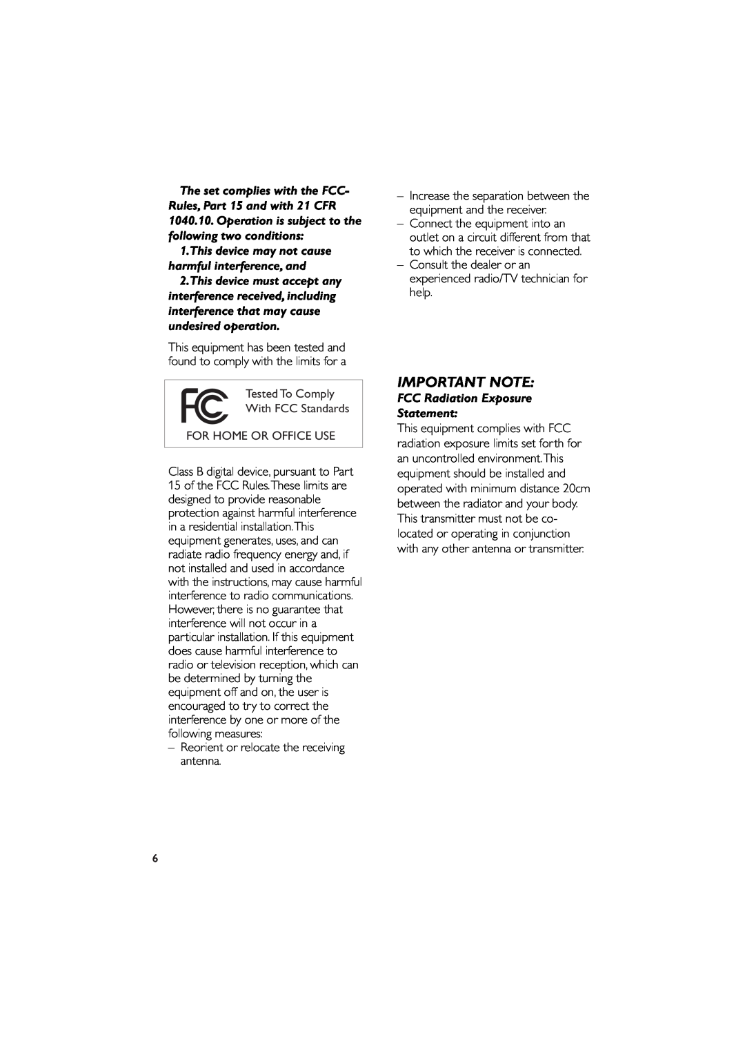Philips MCW770 manual Important Note, FCC Radiation Exposure Statement 