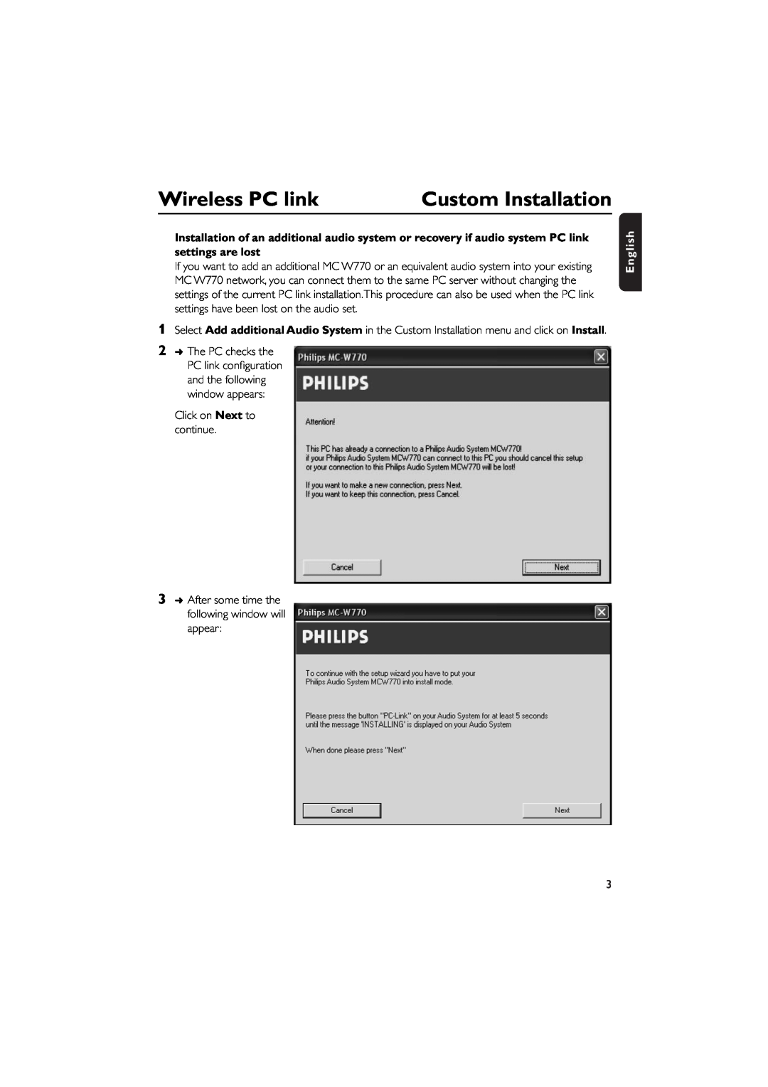 Philips MCW770 manual Wireless PC link, Custom Installation, The PC checks the, English 