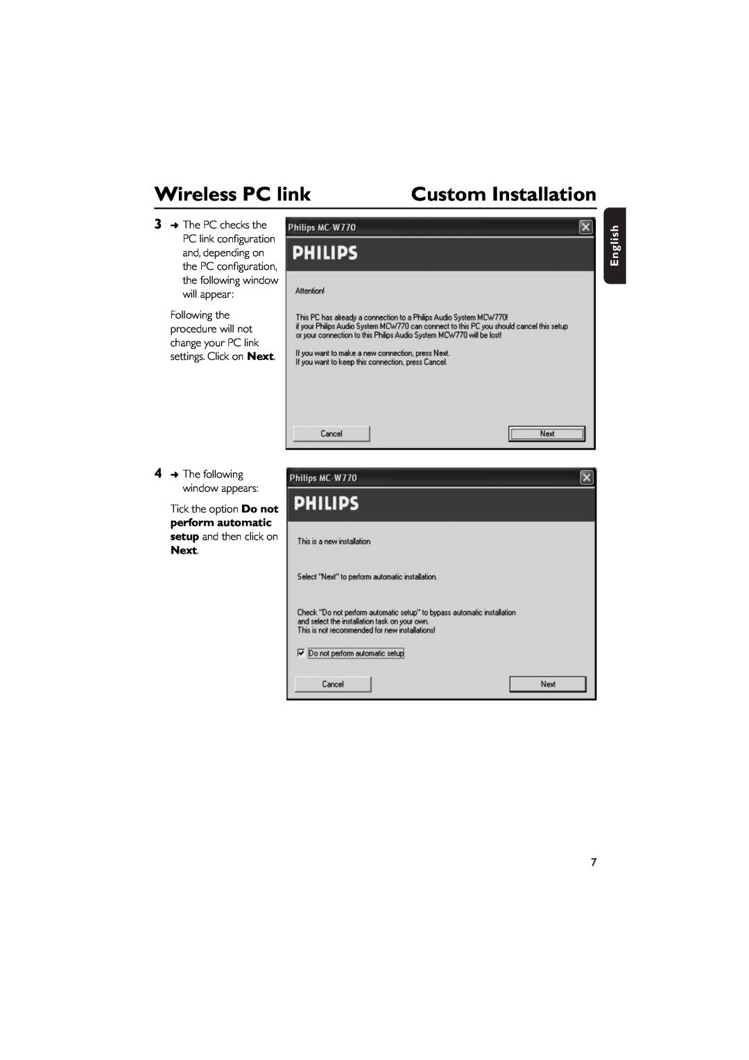 Philips MCW770 manual Wireless PC link, Custom Installation, perform automatic, Next, English 
