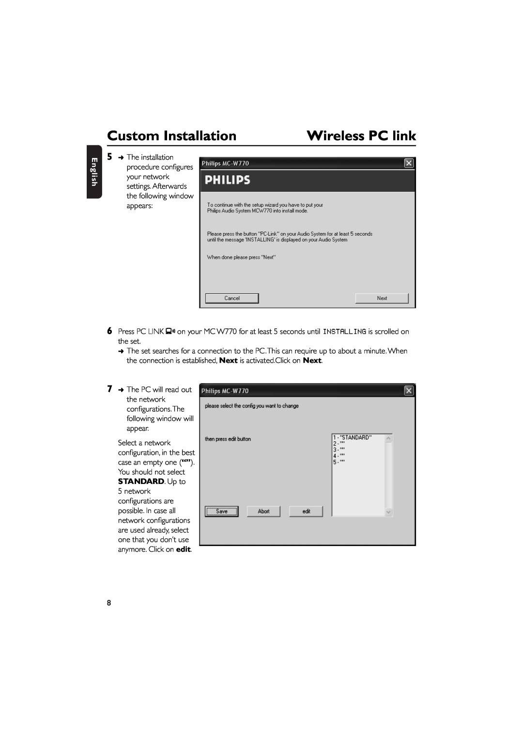 Philips MCW770 manual Custom Installation, Wireless PC link, English, The PC will read out 
