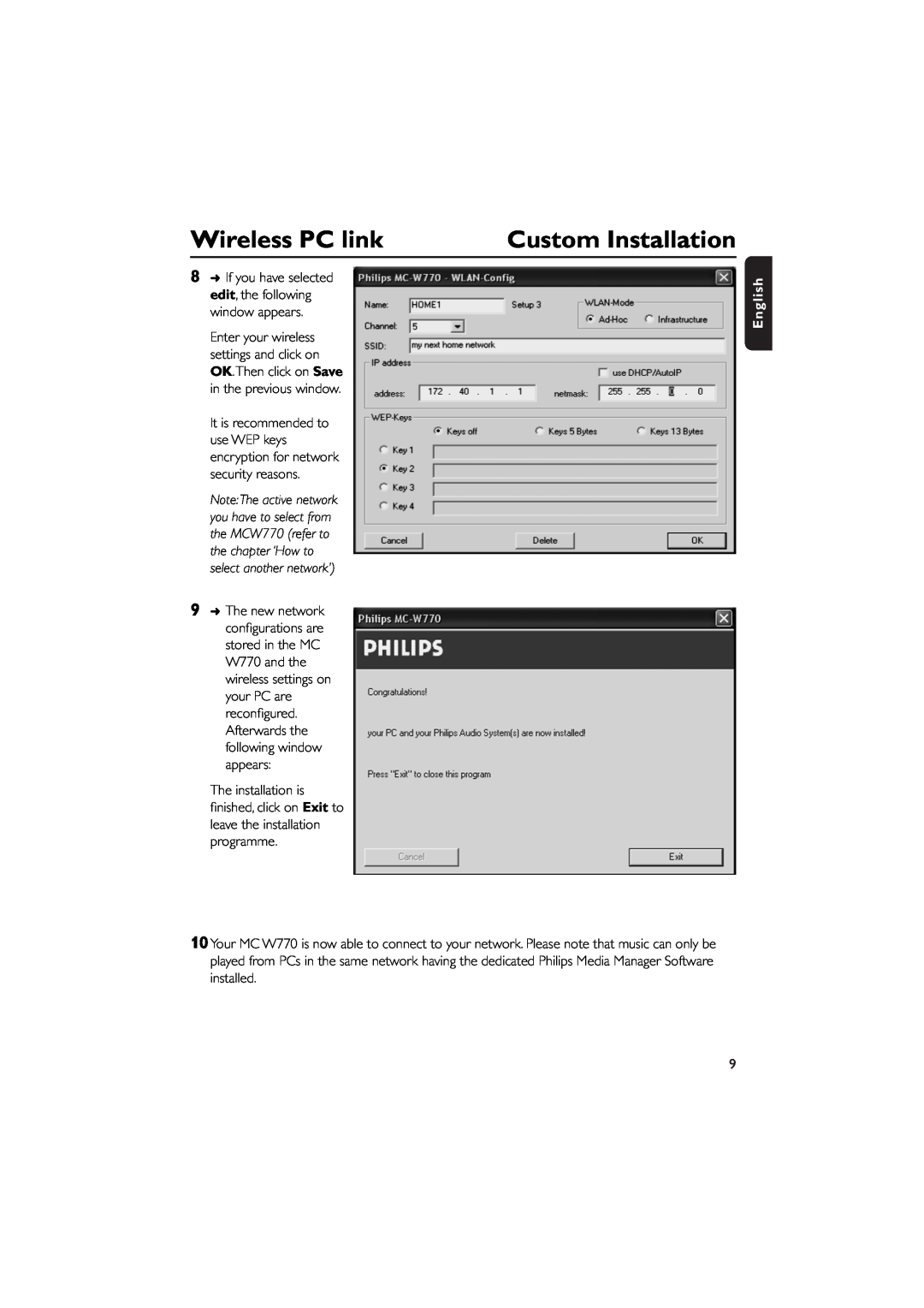 Philips MCW770 manual Wireless PC link, Custom Installation, English 