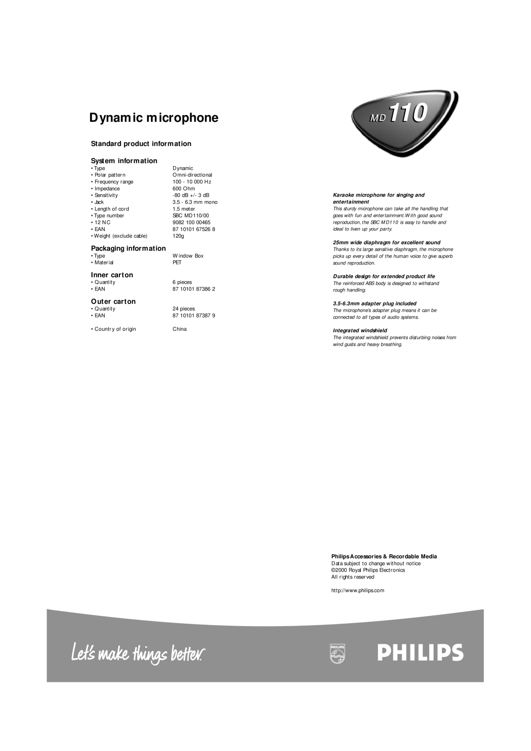 Philips MD110 manual Dynamic microphone 