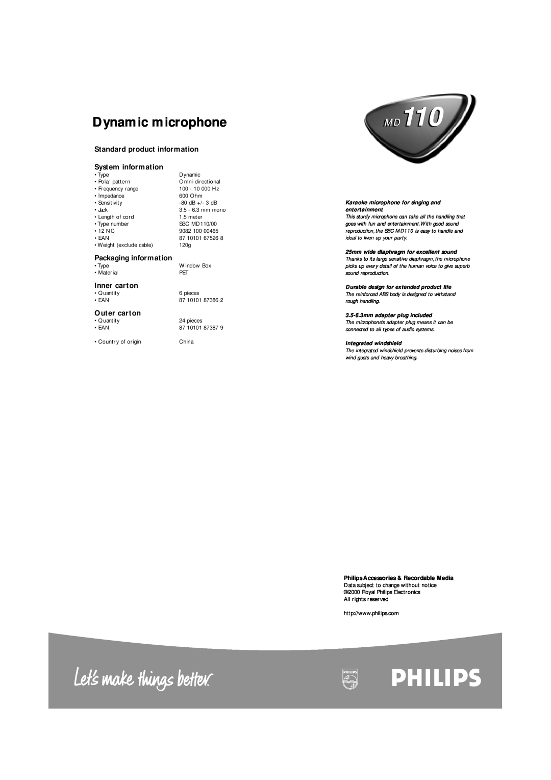 Philips MD110 Dynamic microphone, Standard product information System information, Packaging information, Inner carton 