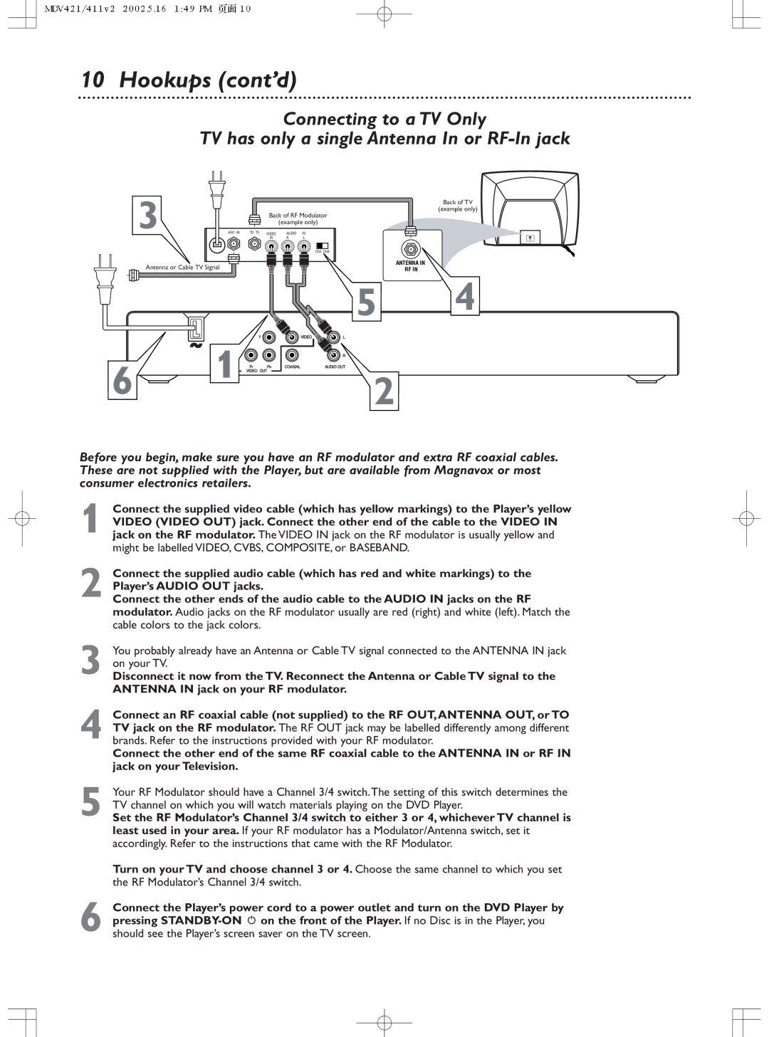 Philips MDV411SL owner manual Hookups cont’d 