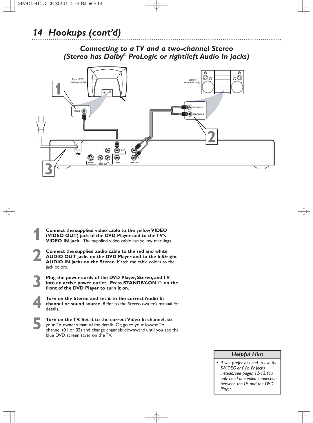 Philips MDV411SL owner manual Back of TV Stereo Example only 