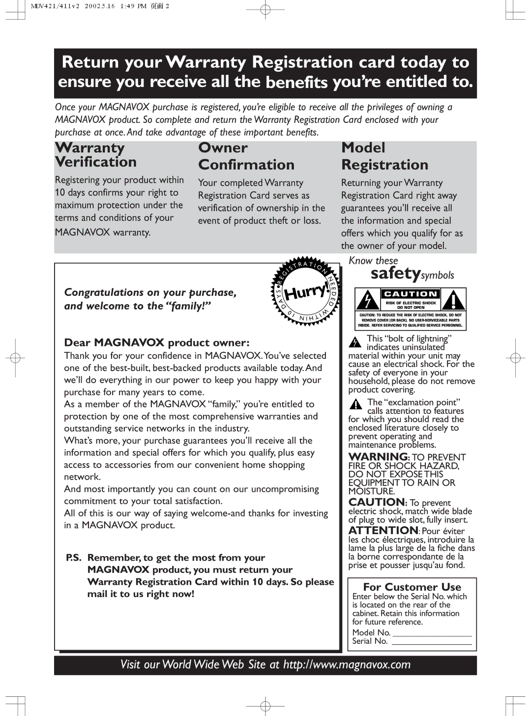 Philips MDV411SL owner manual Hurry 