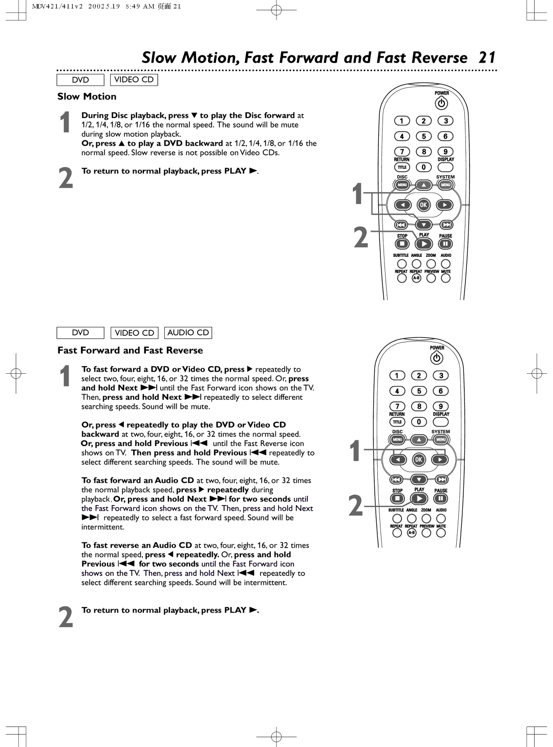 Philips MDV411SL owner manual Slow Motion, Fast Forward and Fast Reverse 