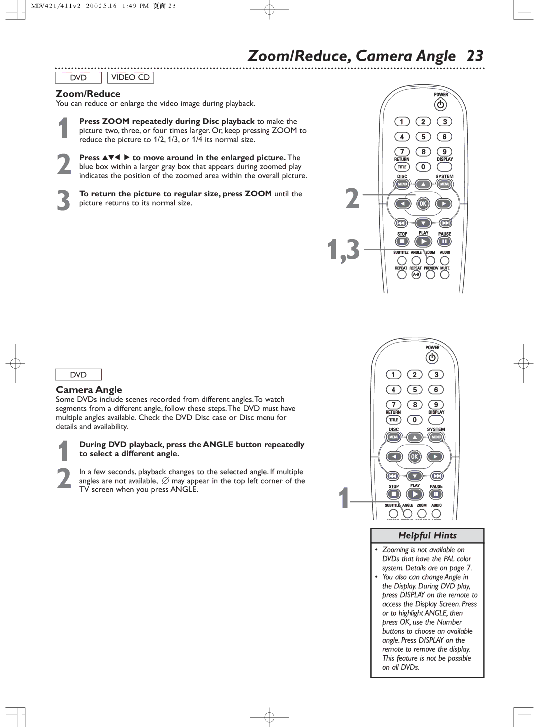 Philips MDV411SL owner manual Zoom/Reduce, Camera Angle 