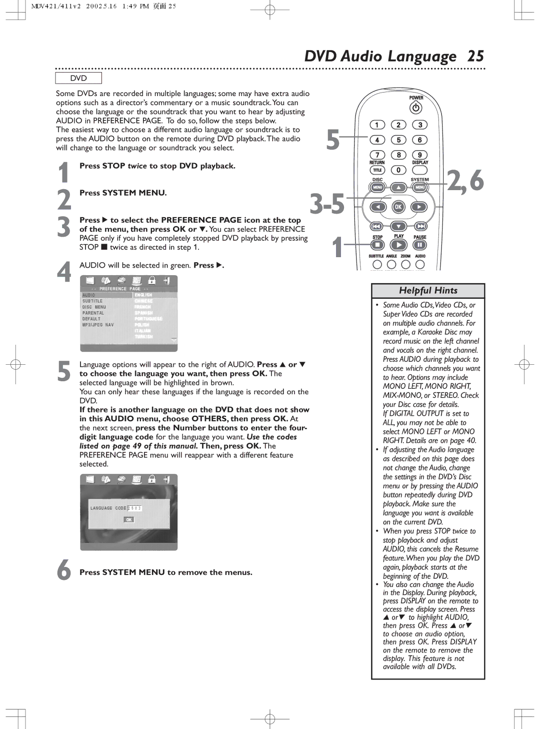 Philips MDV411SL owner manual DVD Audio Language, Audio in Preference PAGE. To do so, follow the steps below 