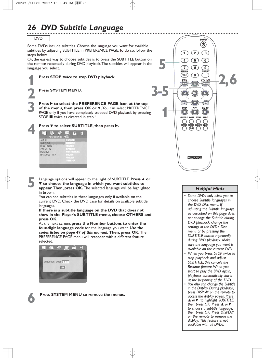 Philips MDV411SL owner manual DVD Subtitle Language, Press 4 to select SUBTITLE, then press 