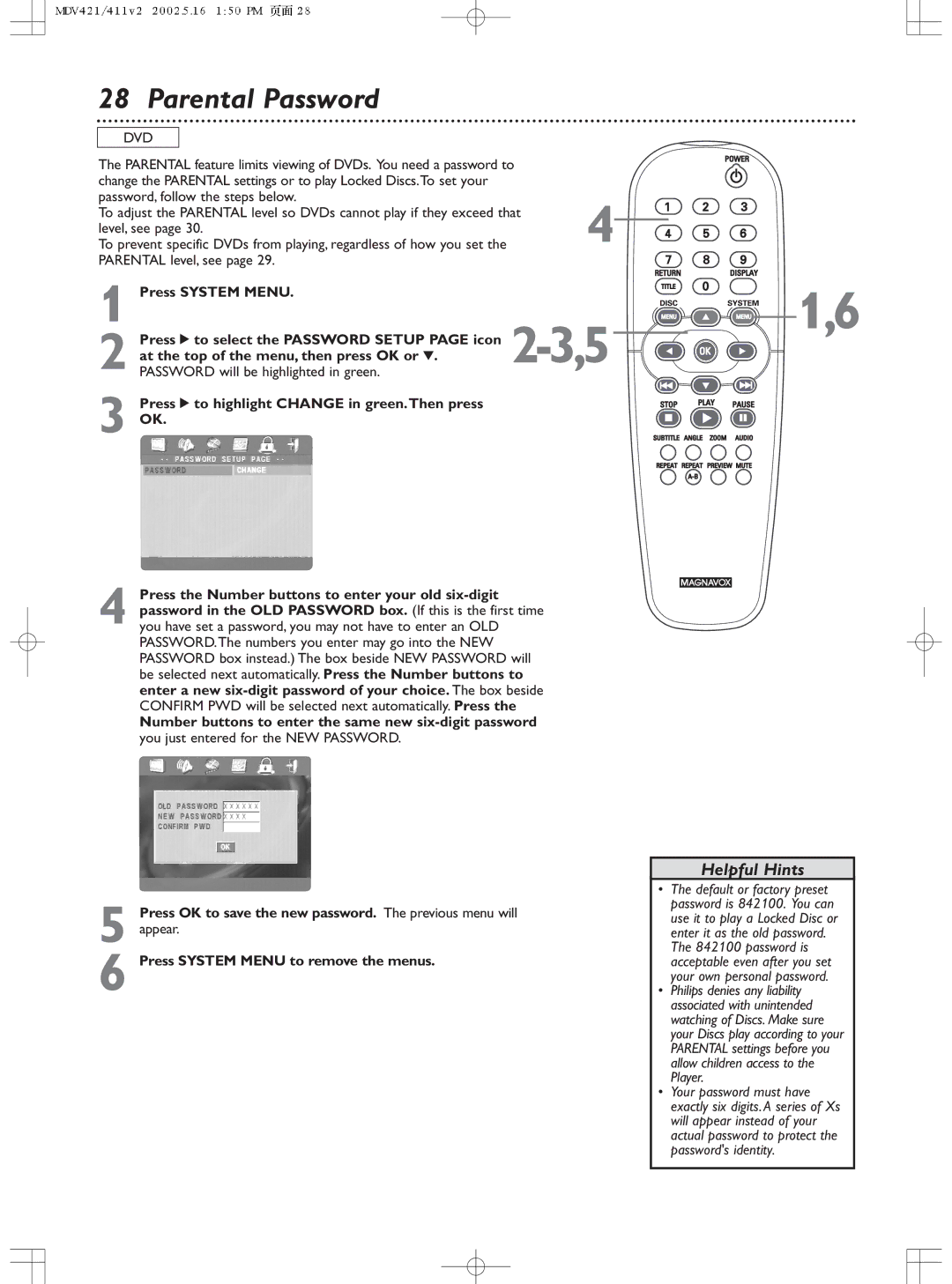 Philips MDV411SL owner manual Parental Password, Press 2 to highlight Change in green.Then press 