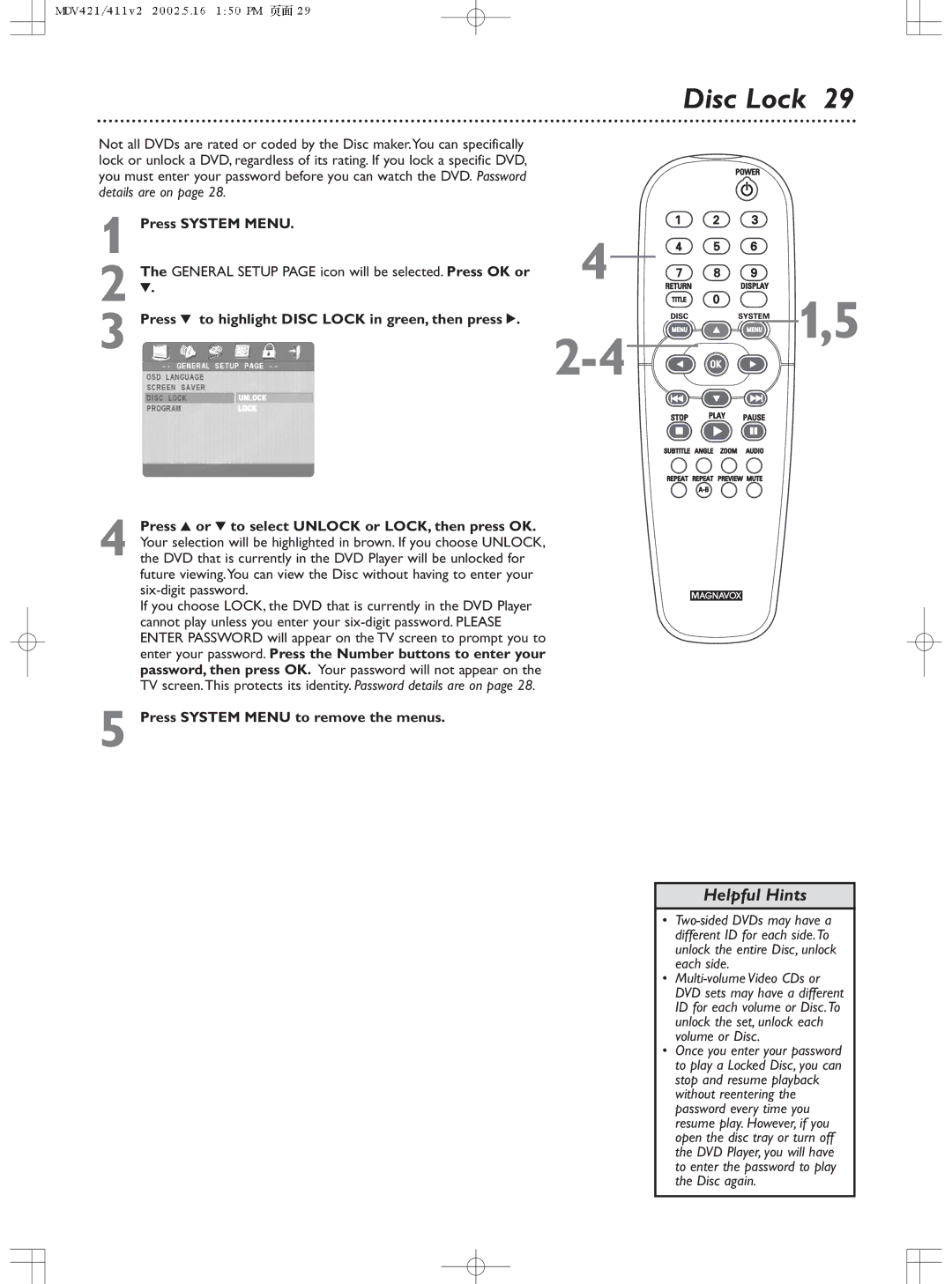 Philips MDV411SL owner manual Disc Lock, Press System Menu 