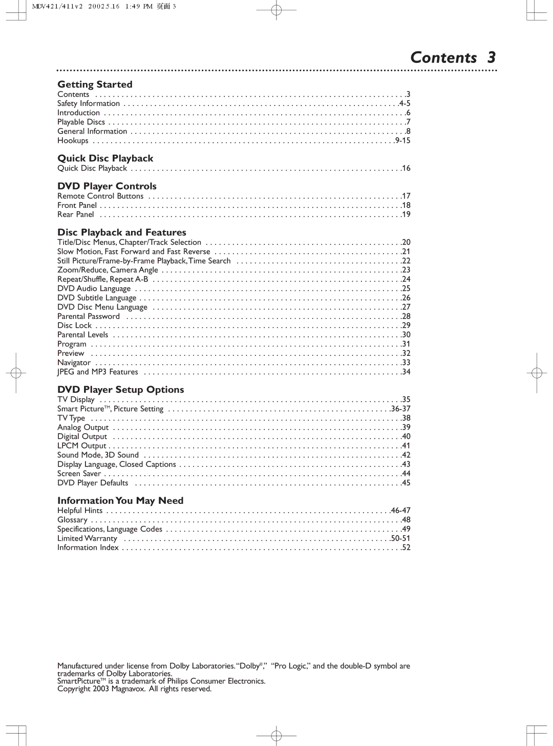 Philips MDV411SL owner manual Contents 