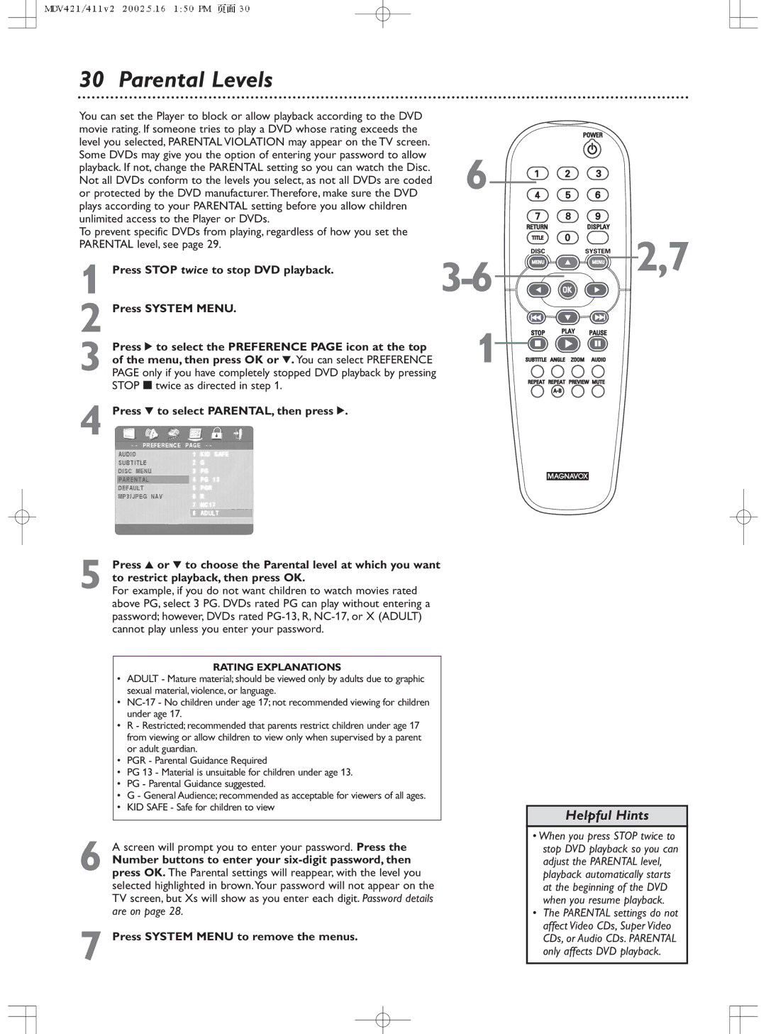 Philips MDV411SL owner manual Parental Levels, Rating Explanations 