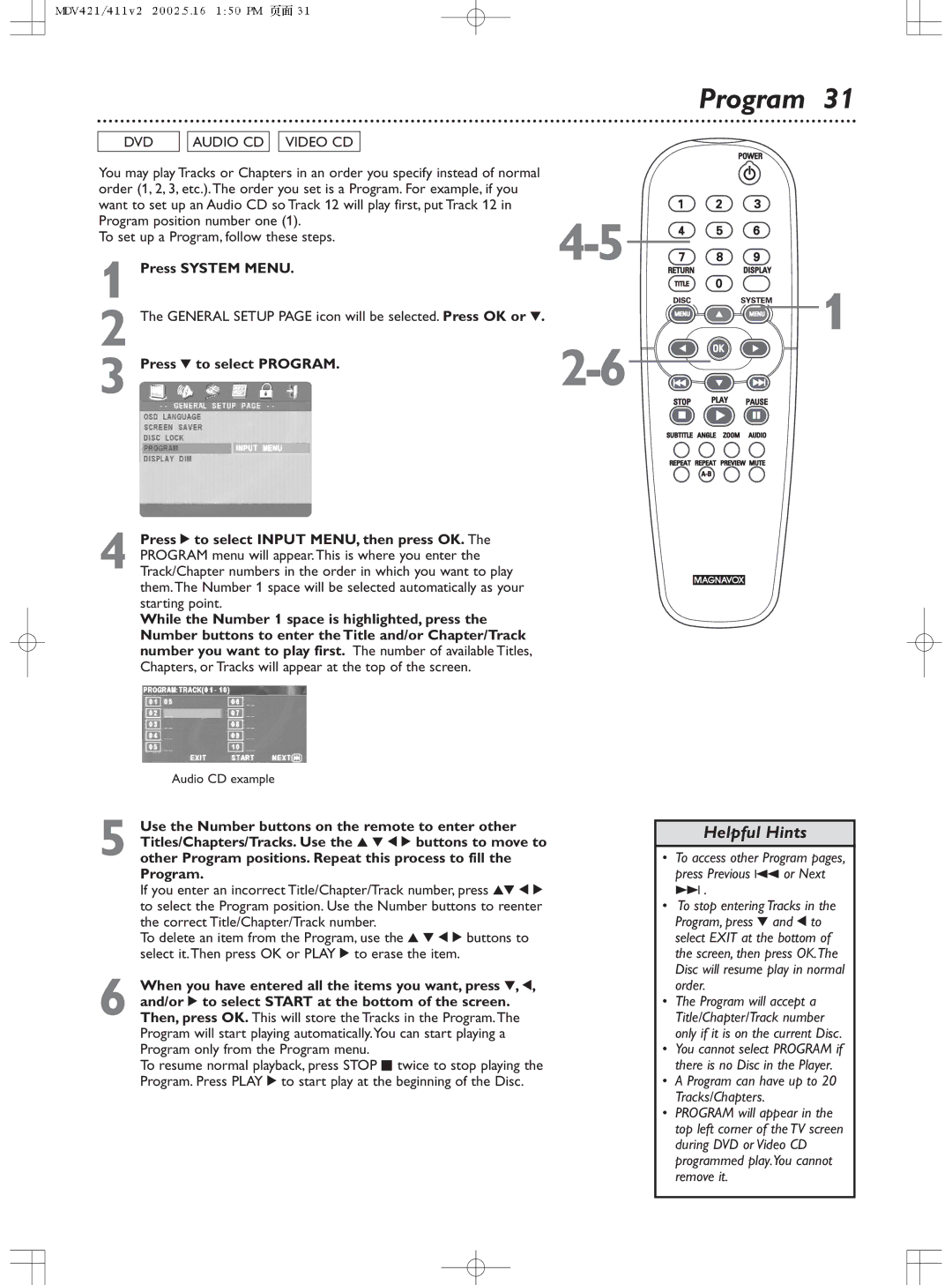 Philips MDV411SL owner manual To access other Program pages, press Previous 4 or Next ¢ 