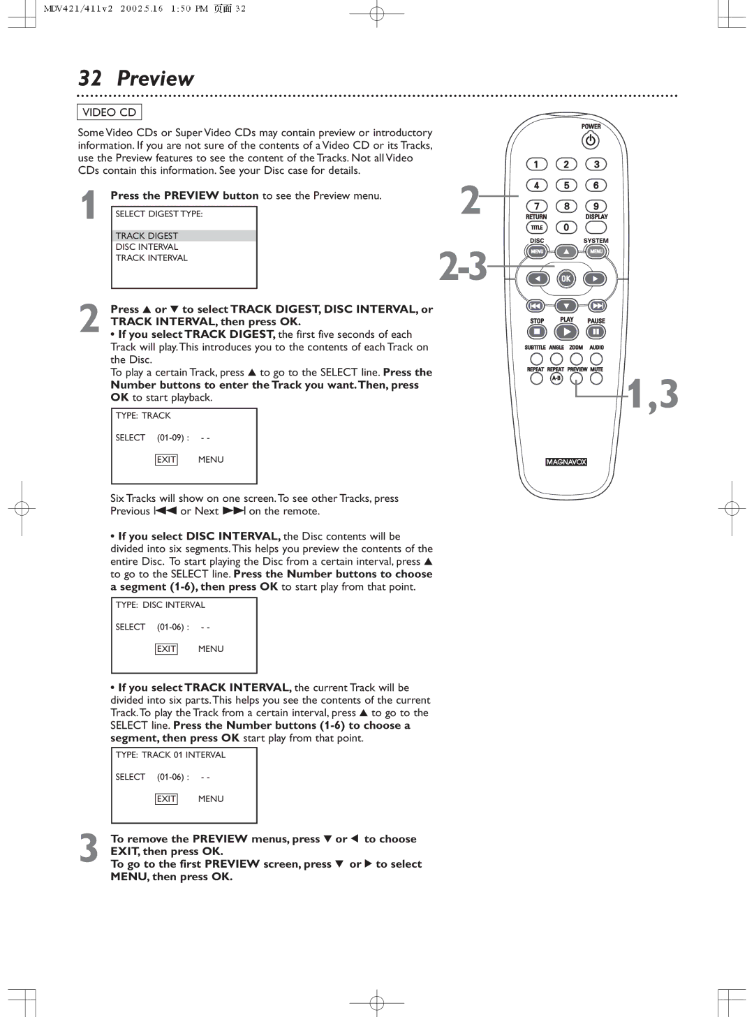 Philips MDV411SL owner manual Press the Preview button to see the Preview menu 