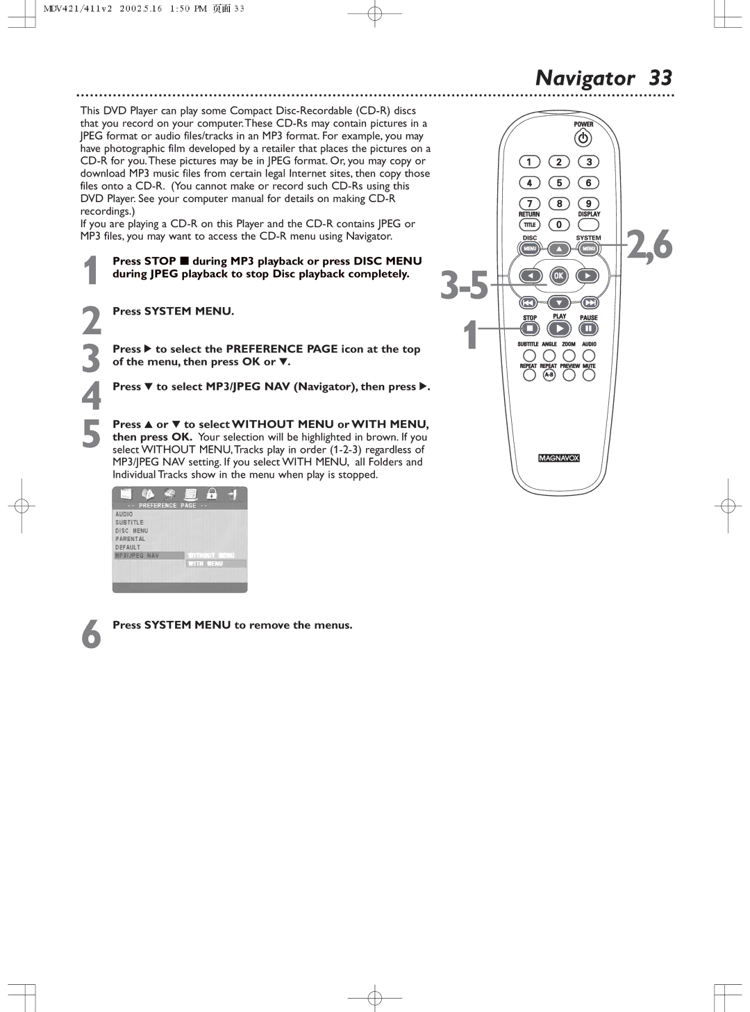 Philips MDV411SL owner manual Navigator, Press System Menu to remove the menus 