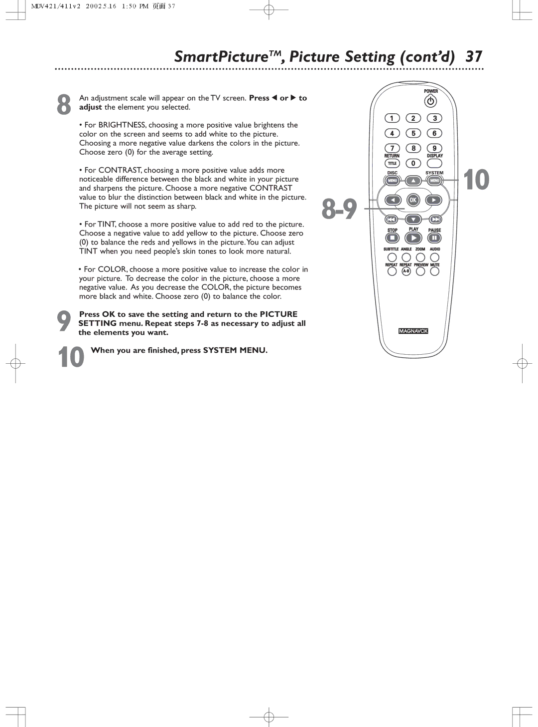 Philips MDV411SL owner manual SmartPicture TM, Picture Setting cont’d 