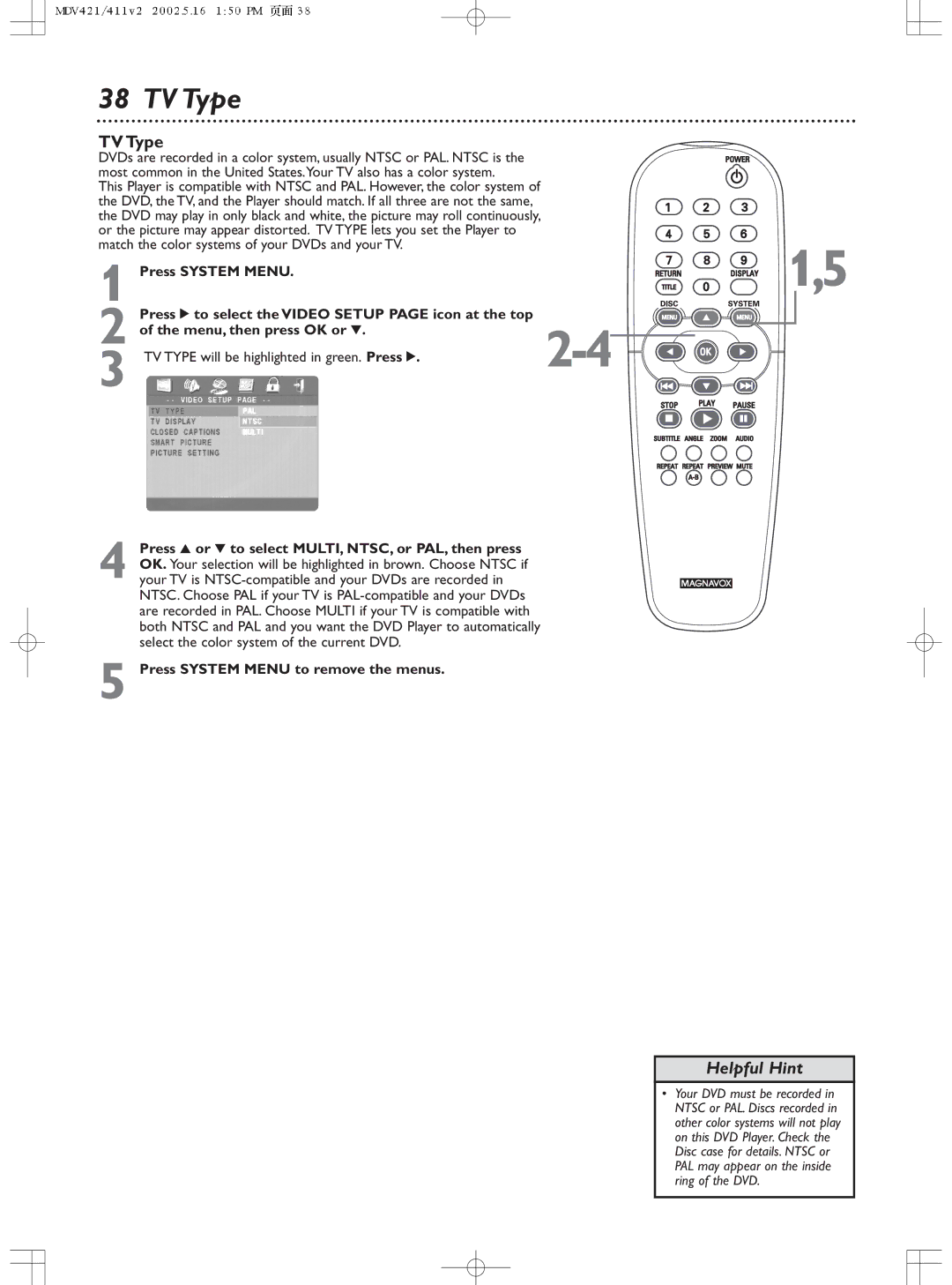 Philips MDV411SL owner manual TV Type 