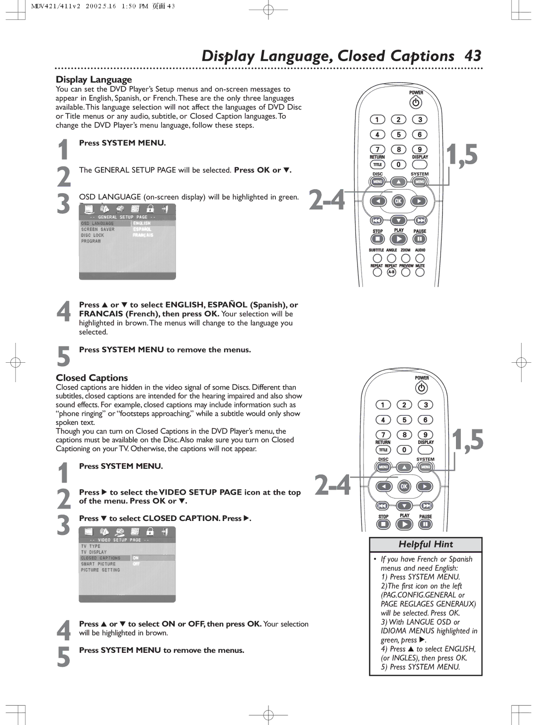 Philips MDV411SL owner manual Display Language, Closed Captions 