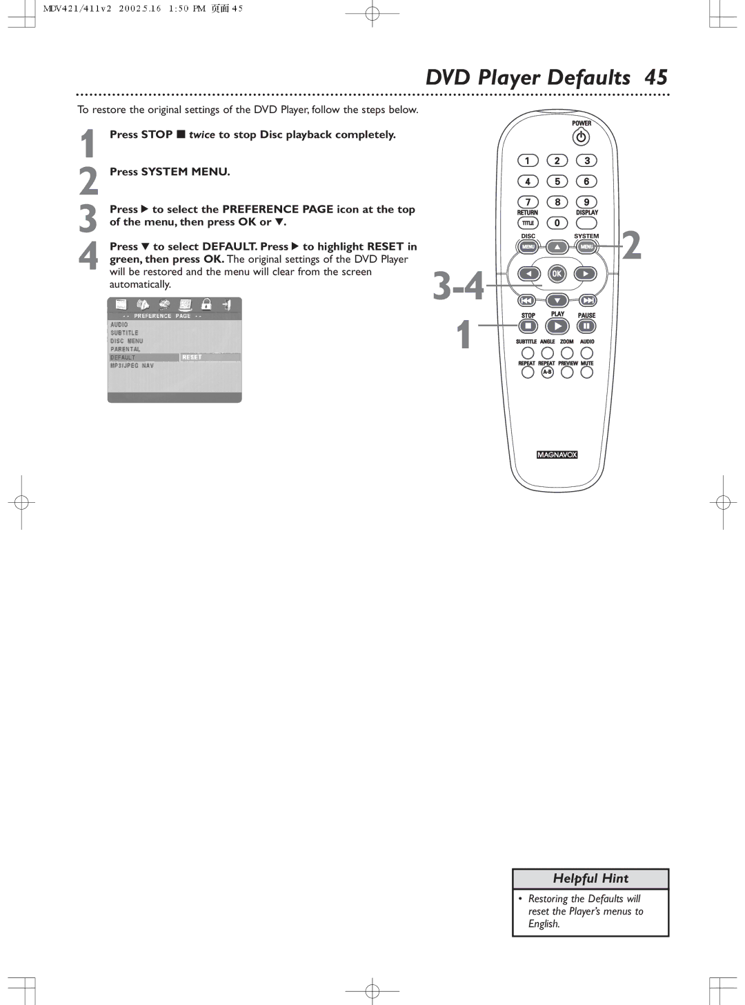 Philips MDV411SL owner manual DVD Player Defaults 