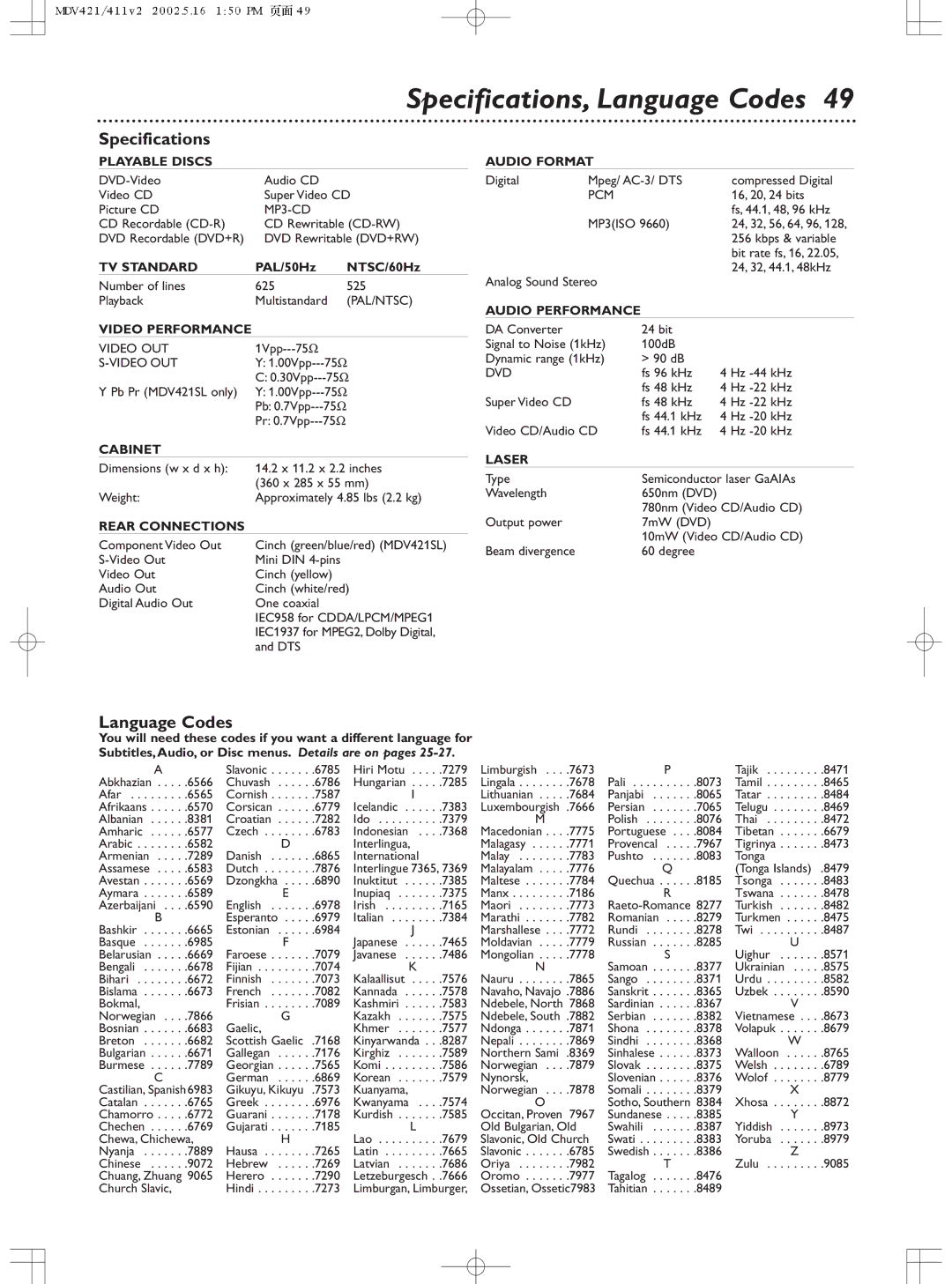 Philips MDV411SL owner manual Specifications, Language Codes 