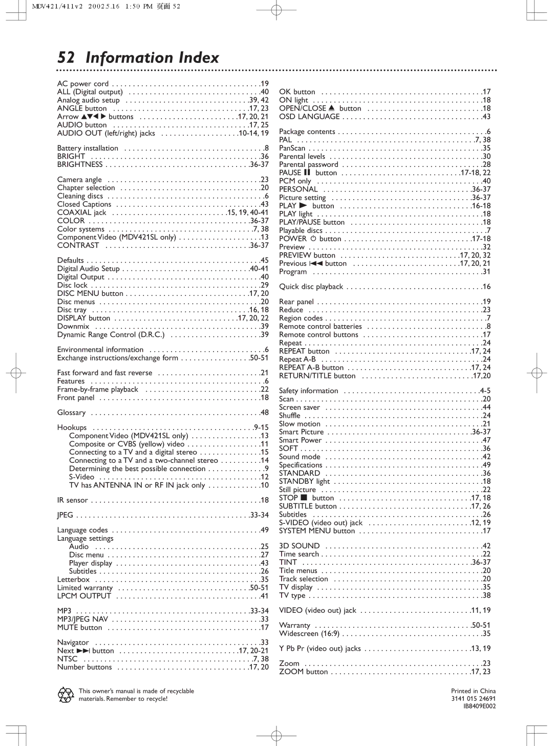 Philips MDV411SL owner manual Information Index, Contrast 