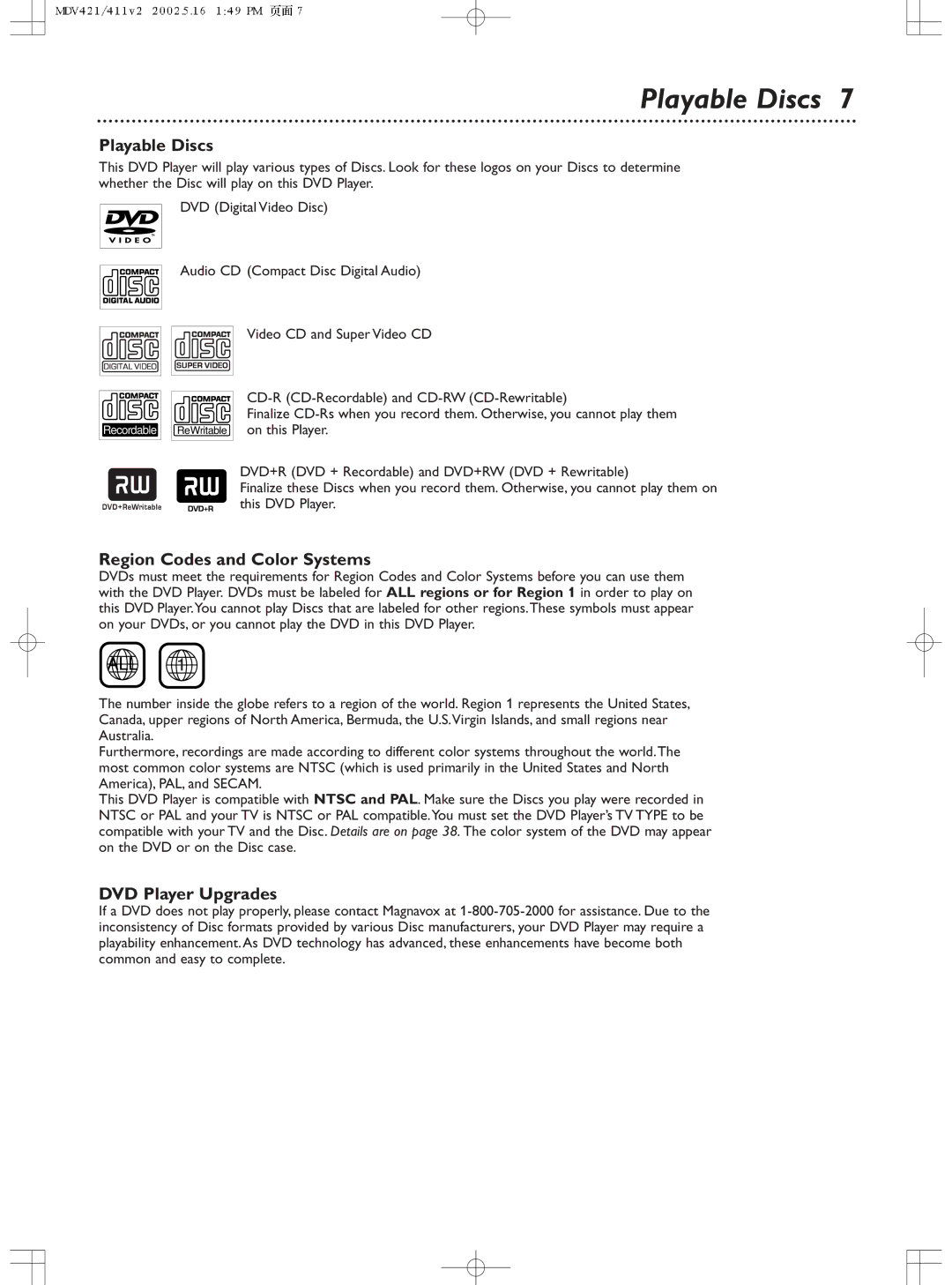 Philips MDV411SL owner manual Playable Discs, Region Codes and Color Systems, DVD Player Upgrades 