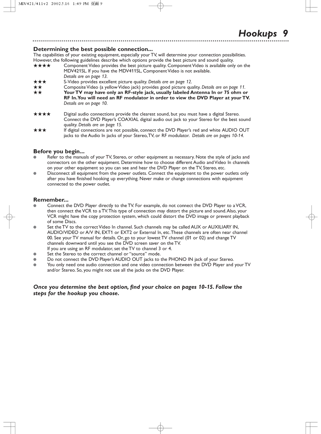 Philips MDV411SL owner manual Hookups, Determining the best possible connection, Before you begin, Remember 