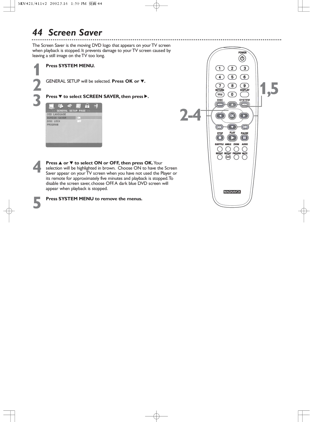 Philips MDV421SL owner manual Screen Saver 