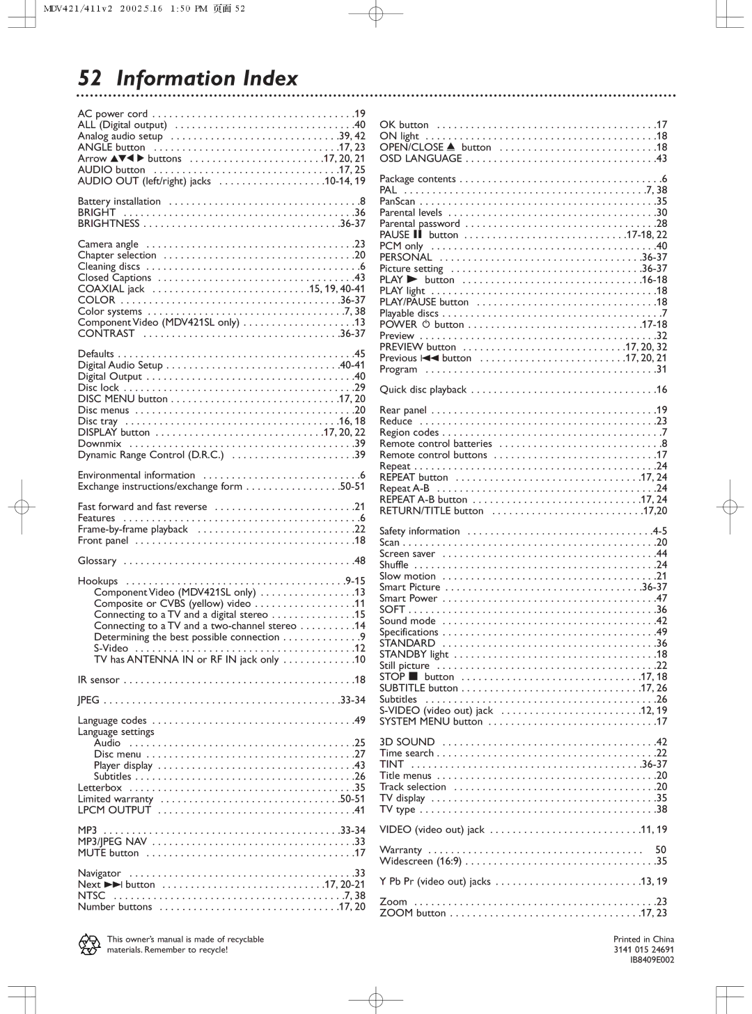 Philips MDV421SL owner manual Information Index, Contrast 