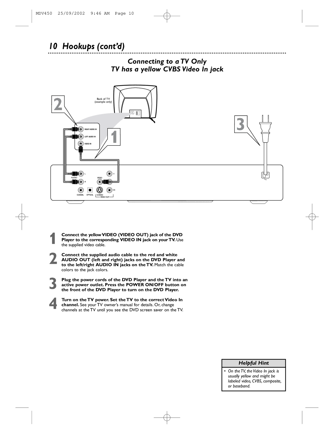 Philips MDV450 owner manual Hookups cont’d, Connecting to a TV Only TV has a yellow Cvbs Video In jack 