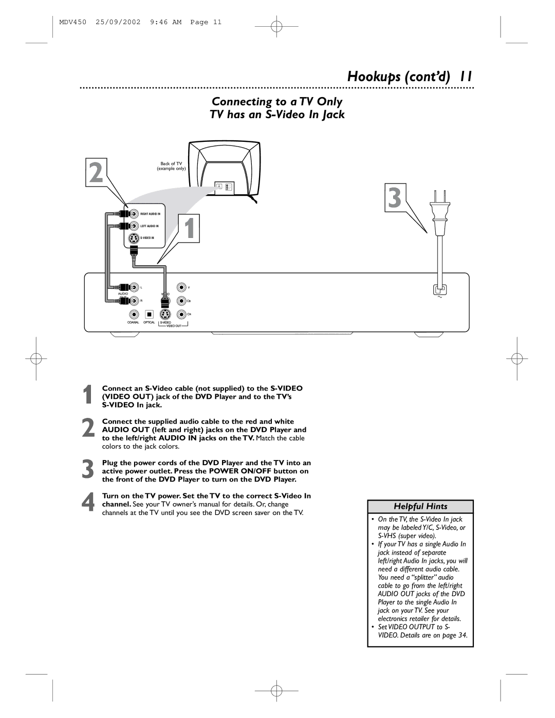 Philips MDV450 owner manual Connecting to a TV Only TV has an S-Video In Jack 