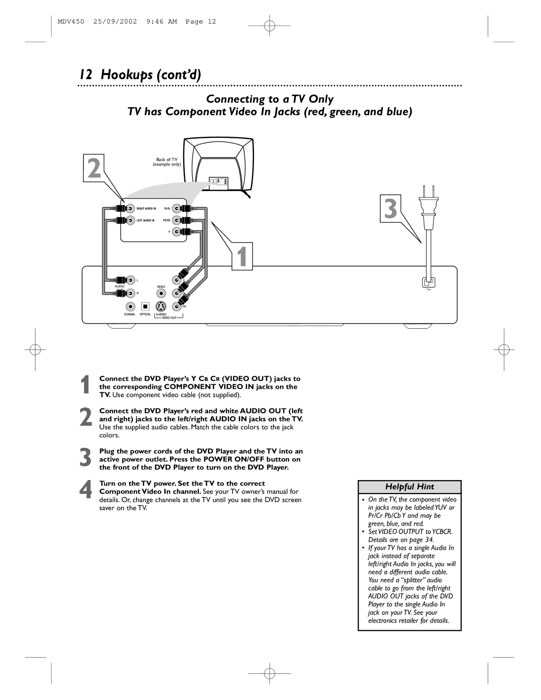 Philips MDV450 owner manual Hookups cont’d 