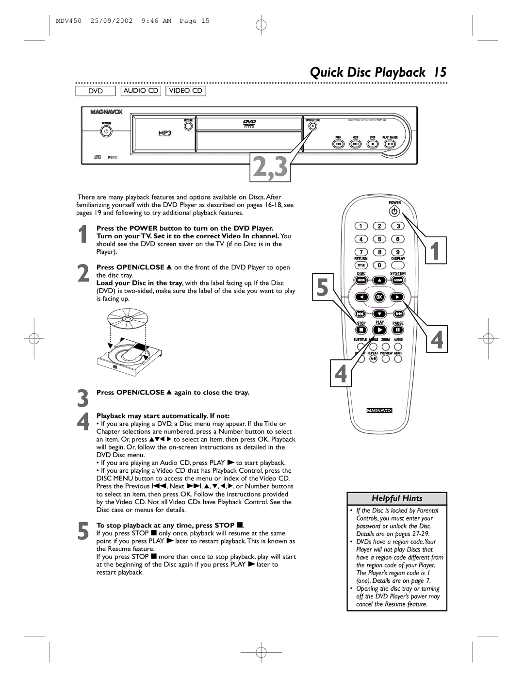 Philips MDV450 owner manual Quick Disc Playback, DVD Audio CD, To stop playback at any time, press Stop 