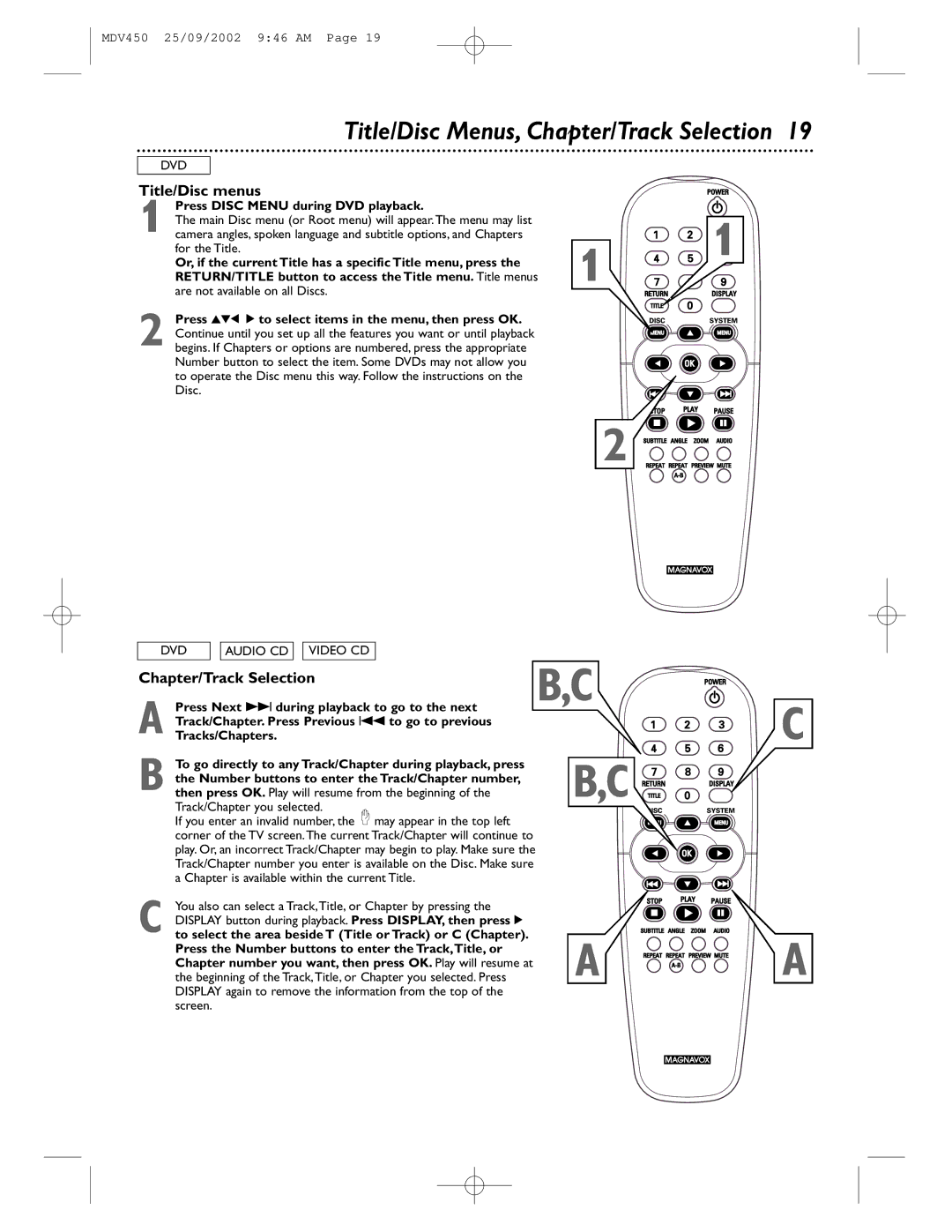 Philips MDV450 owner manual Title/Disc Menus, Chapter/Track Selection, Title/Disc menus 