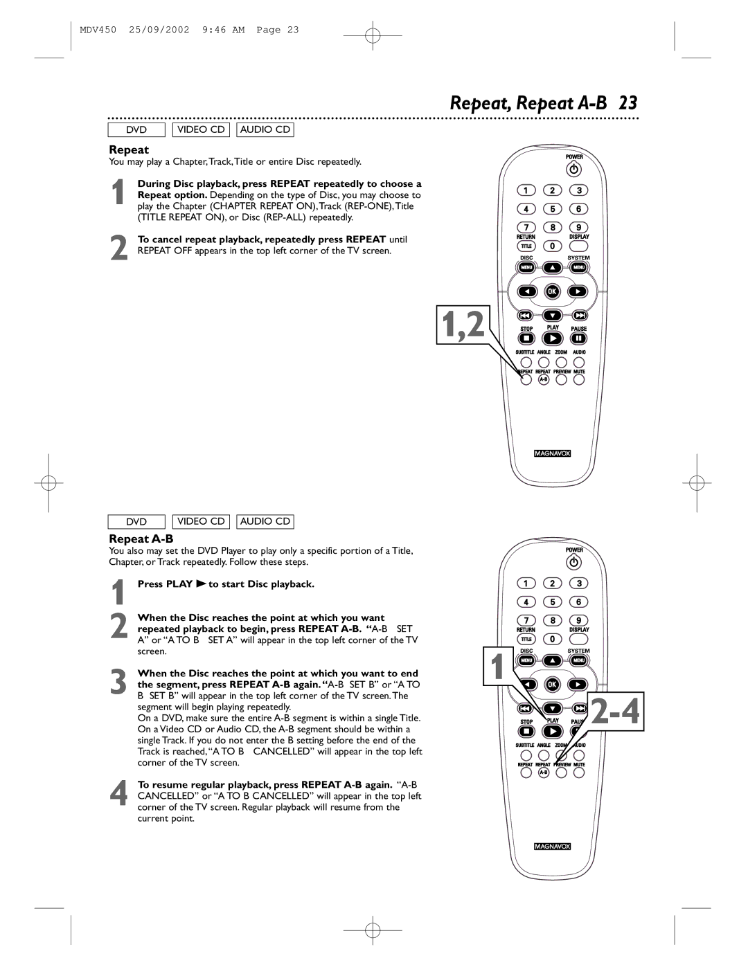 Philips MDV450 owner manual Repeat, Repeat A-B 