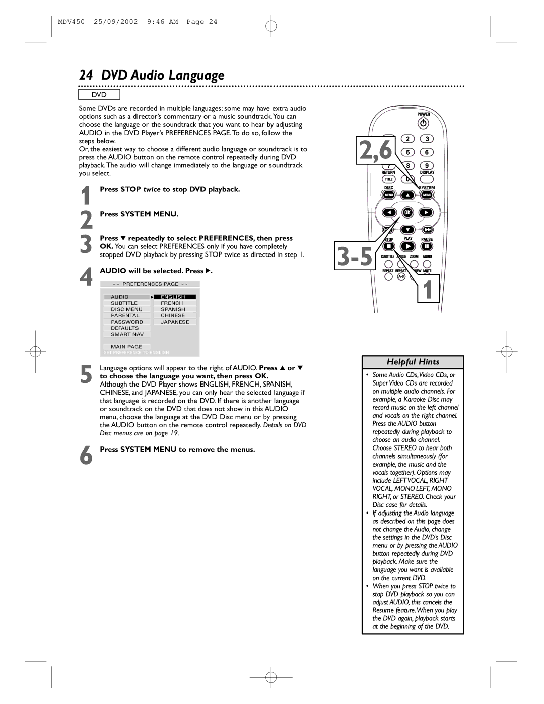 Philips MDV450 owner manual DVD Audio Language, OK. You can select Preferences only if you have completely 