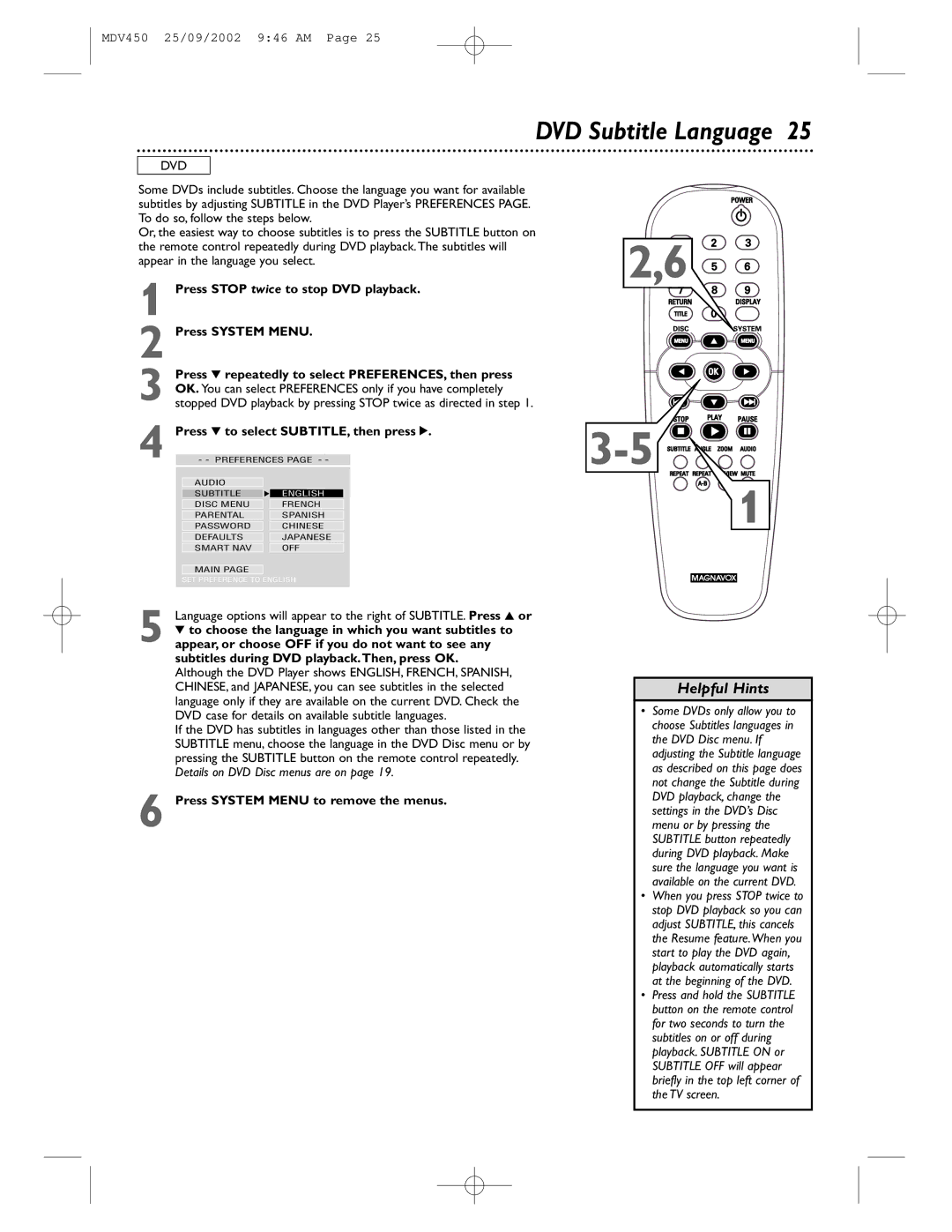 Philips MDV450 owner manual DVD Subtitle Language, Press 4 to select SUBTITLE, then press 