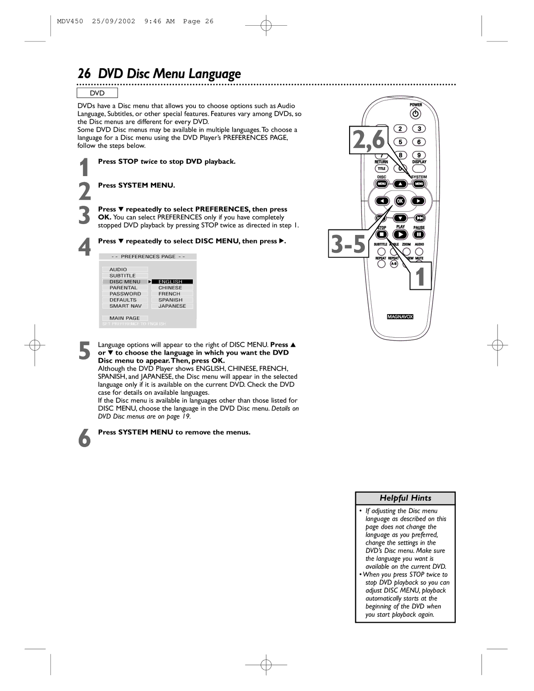 Philips MDV450 owner manual DVD Disc Menu Language, Press 4 repeatedly to select Disc MENU, then press 