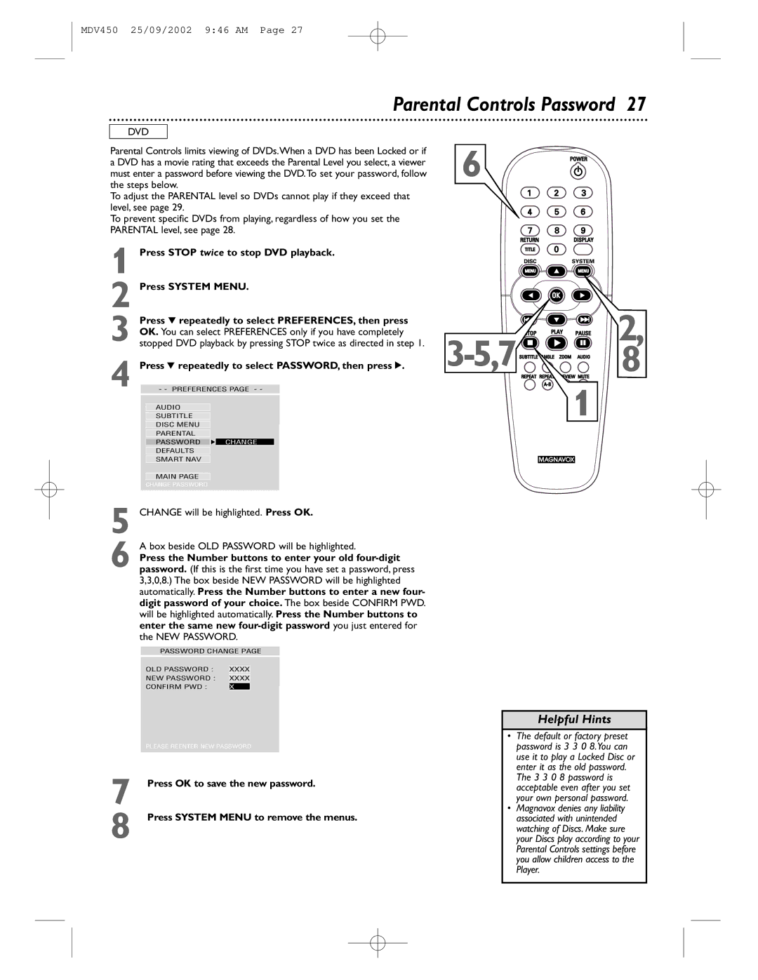 Philips MDV450 owner manual Parental Controls Password, Press 4 repeatedly to select PASSWORD, then press 