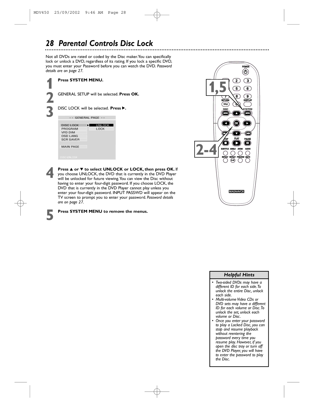 Philips MDV450 owner manual Parental Controls Disc Lock 