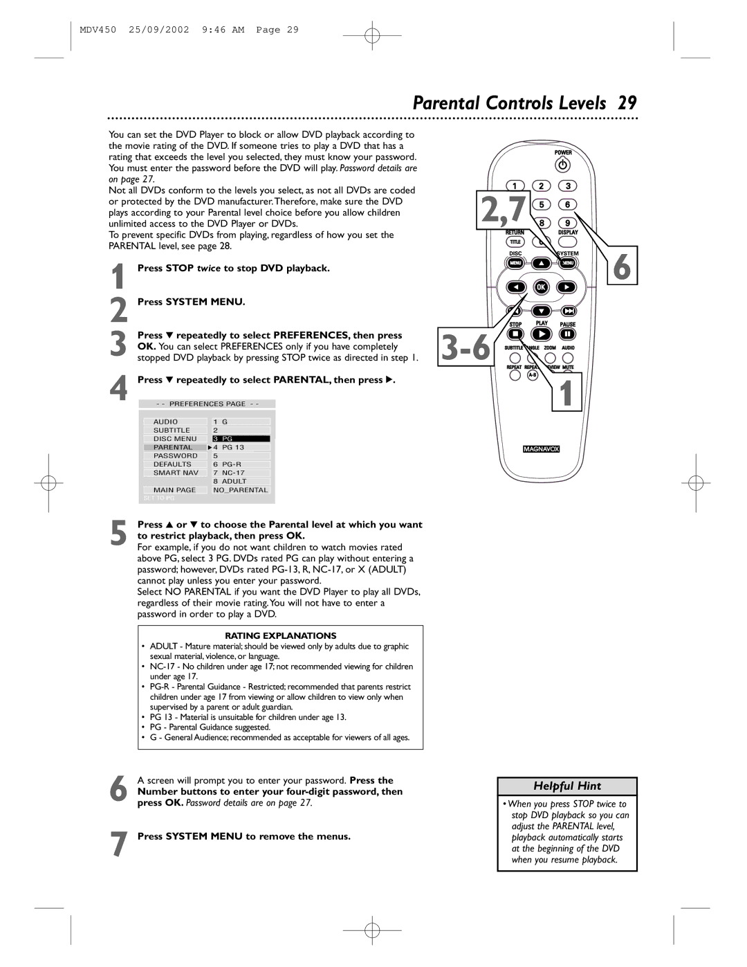 Philips MDV450 owner manual Parental Controls Levels, Press 4 repeatedly to select PARENTAL, then press 