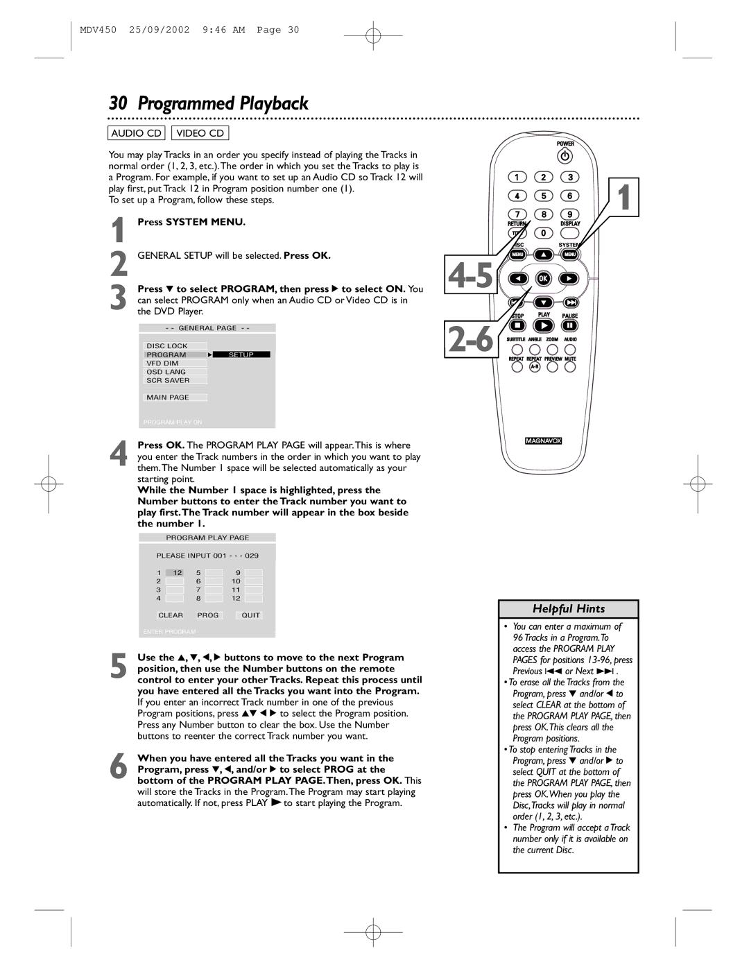 Philips MDV450 owner manual Programmed Playback, Audio CD Video CD, While the Number 1 space is highlighted, press 